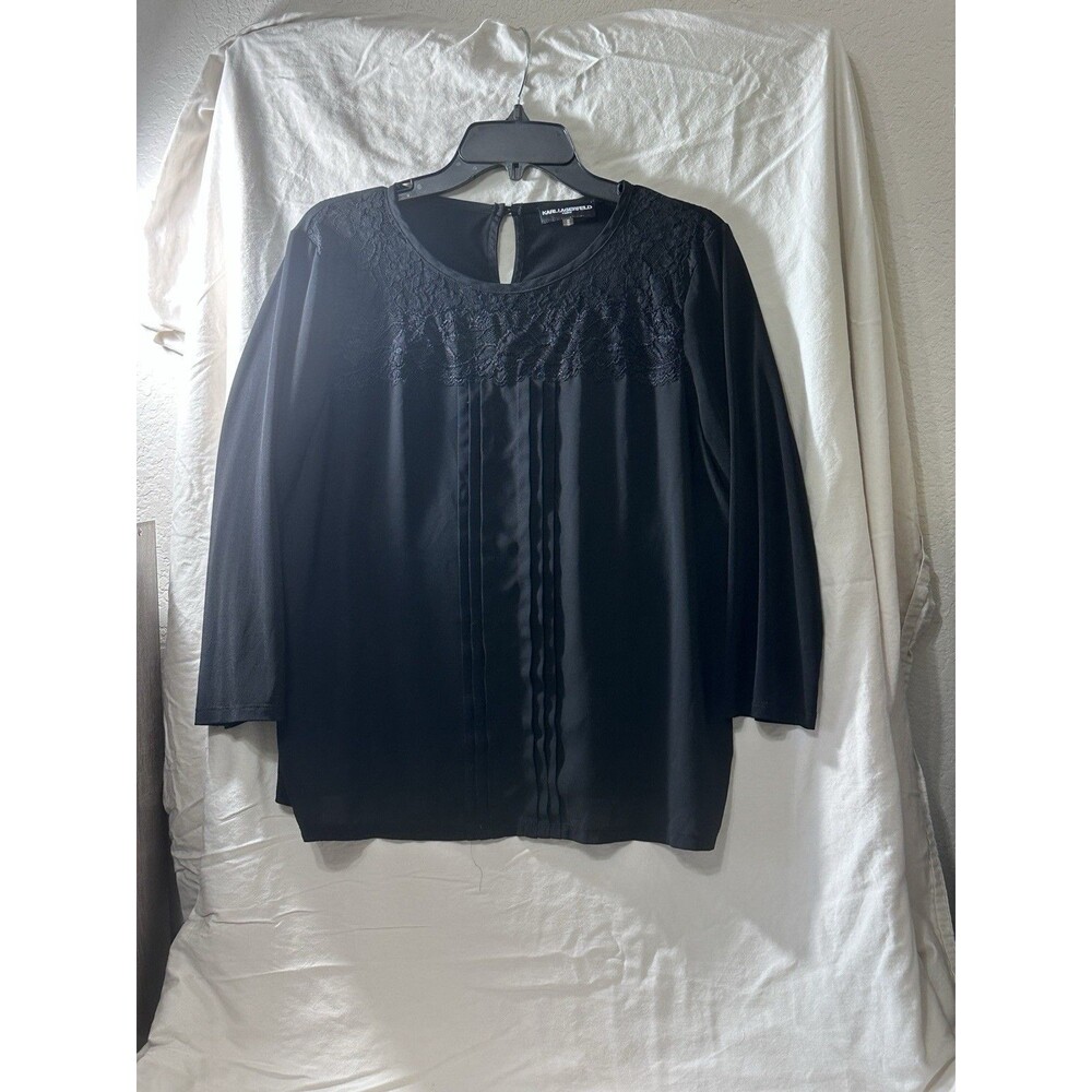 Lace Embellished Black Karl Lagerfield Paris Dressy Long Sleeve Blouse Size M
